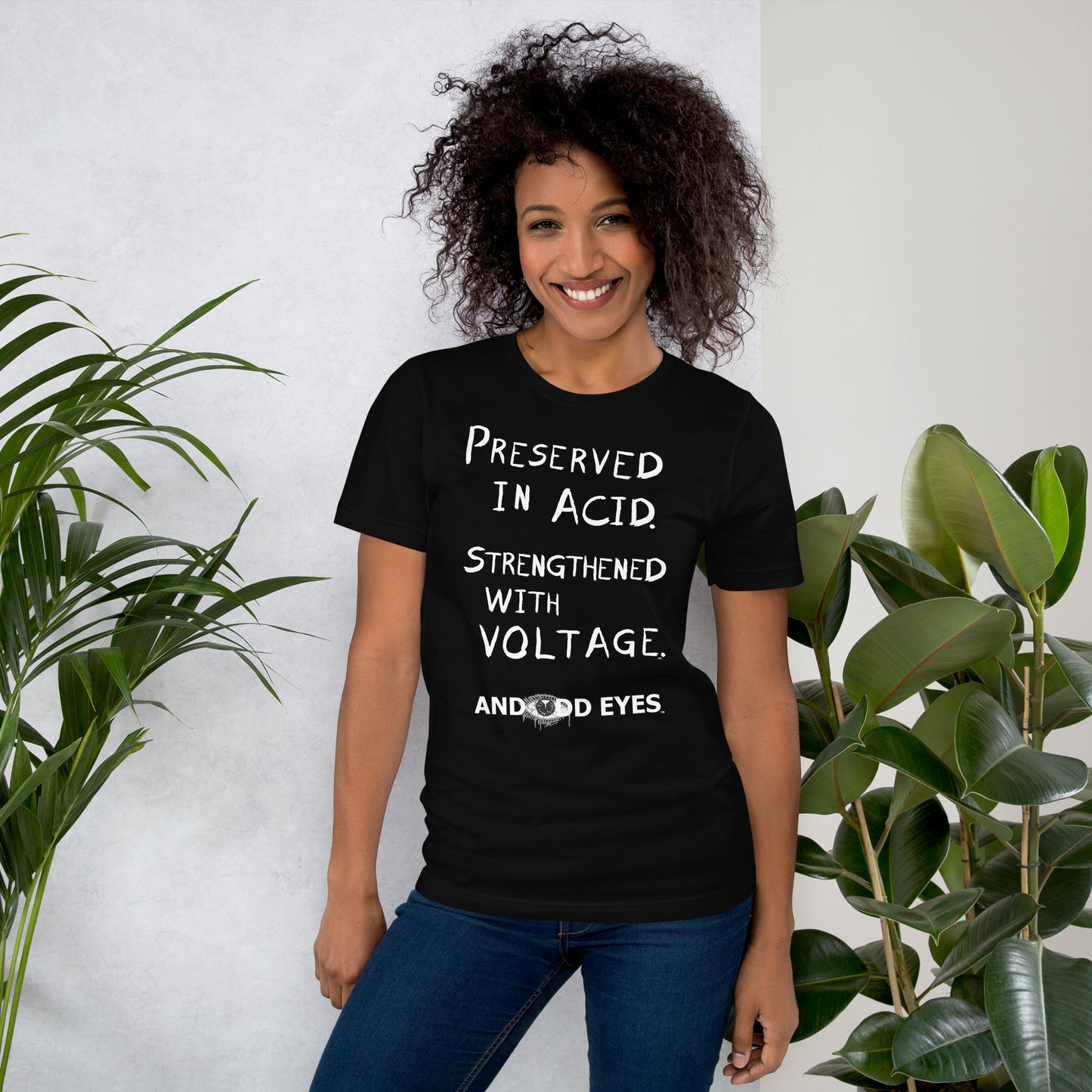 Preserved In Acid (Strengthened With Voltage) Unisex t-shirt [White Ink]